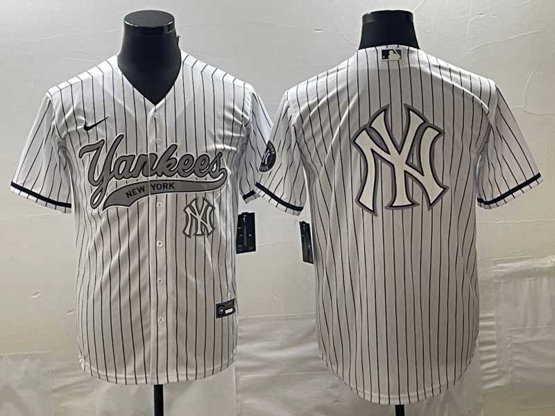 Mens New York Yankees Big Logo White Pinstripe Cool Base Stitched Baseball Jersey